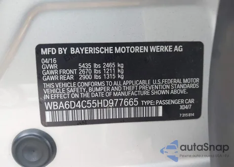 2017 BMW 650I Gran Coupe z USA, uszkodzony, nr VIN WBA6D4C55HD977665